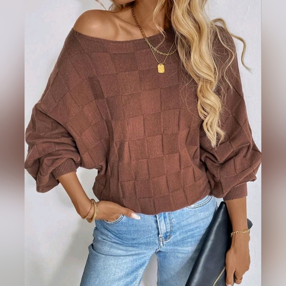 New Textured Basket Weave Knit Dolman Sleeve Sweater Top Brown - Picture 2 of 8